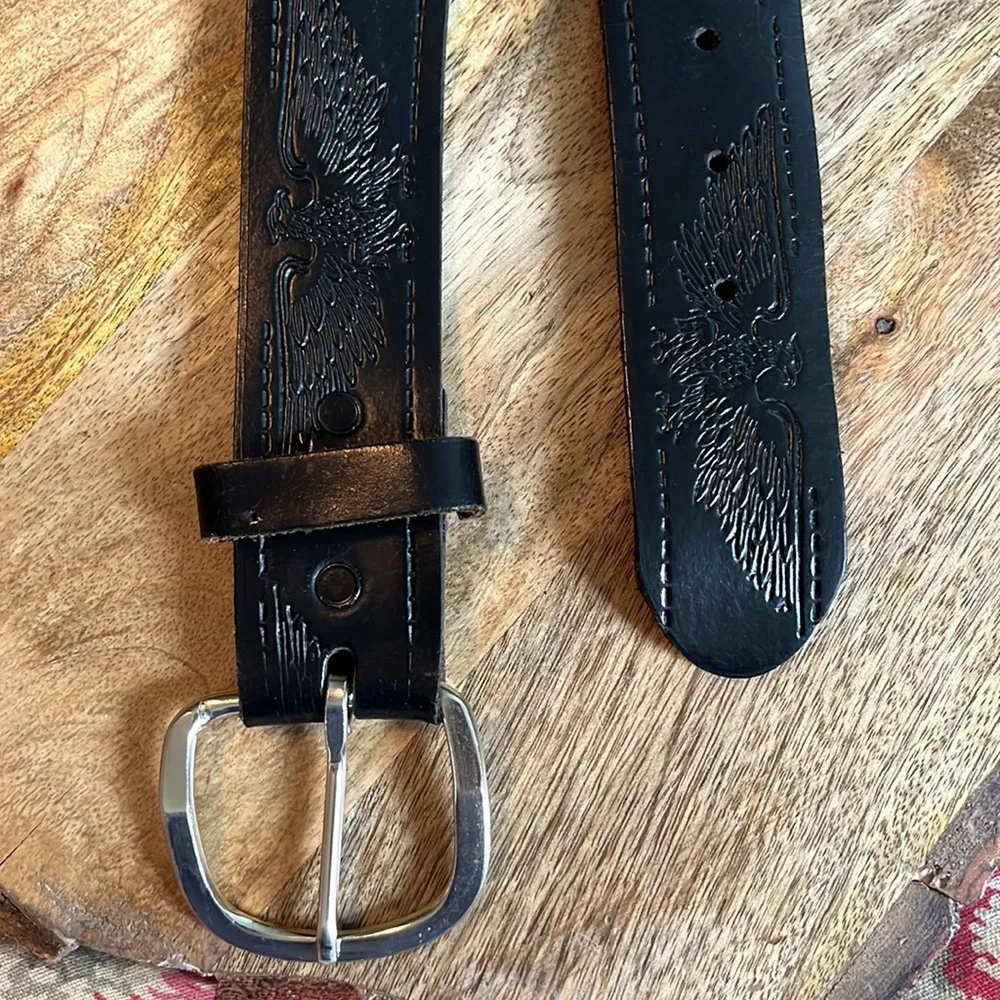 Vtg HARLEY DAVIDSON Size XL 42-44 Embossed Eagle Belt Black Thick Leather Silver - Picture 4 of 16